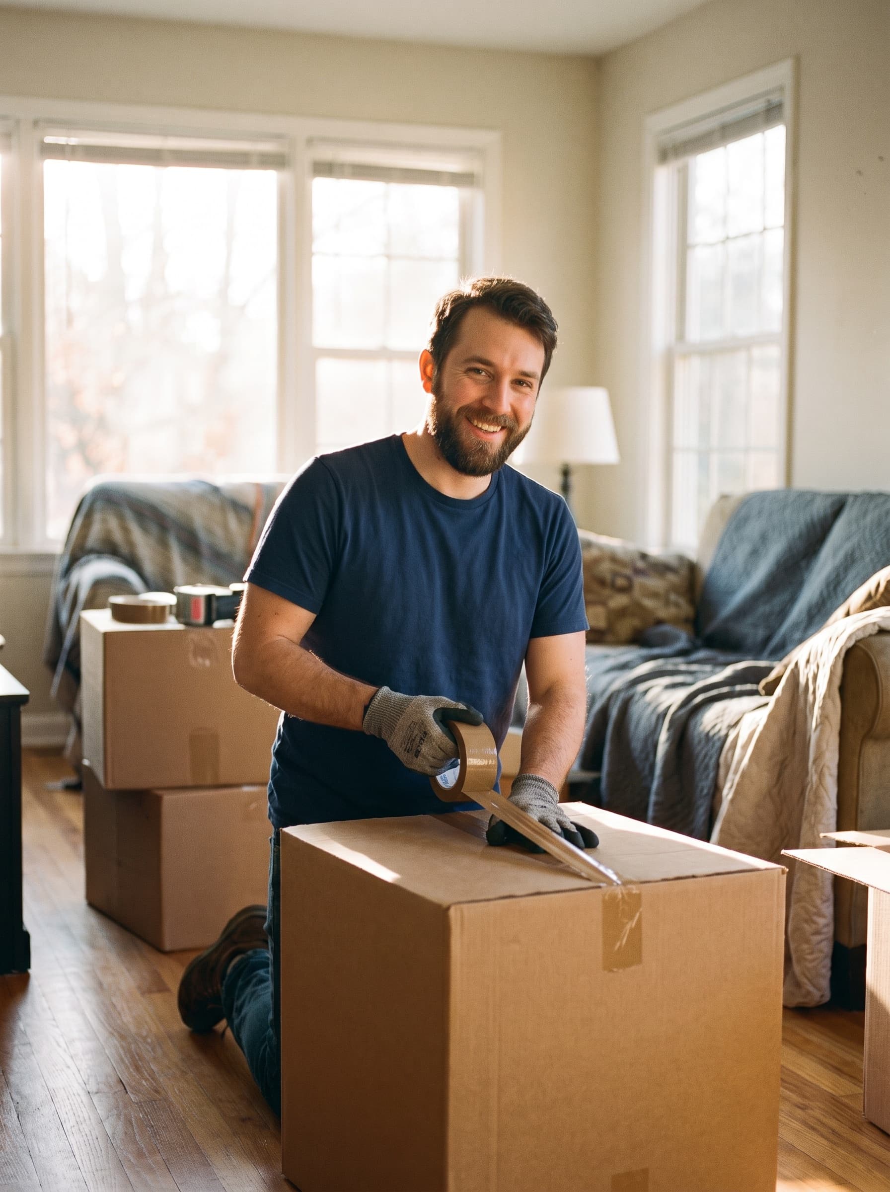 An Upland Movers crew member taping up a moving box in a living room