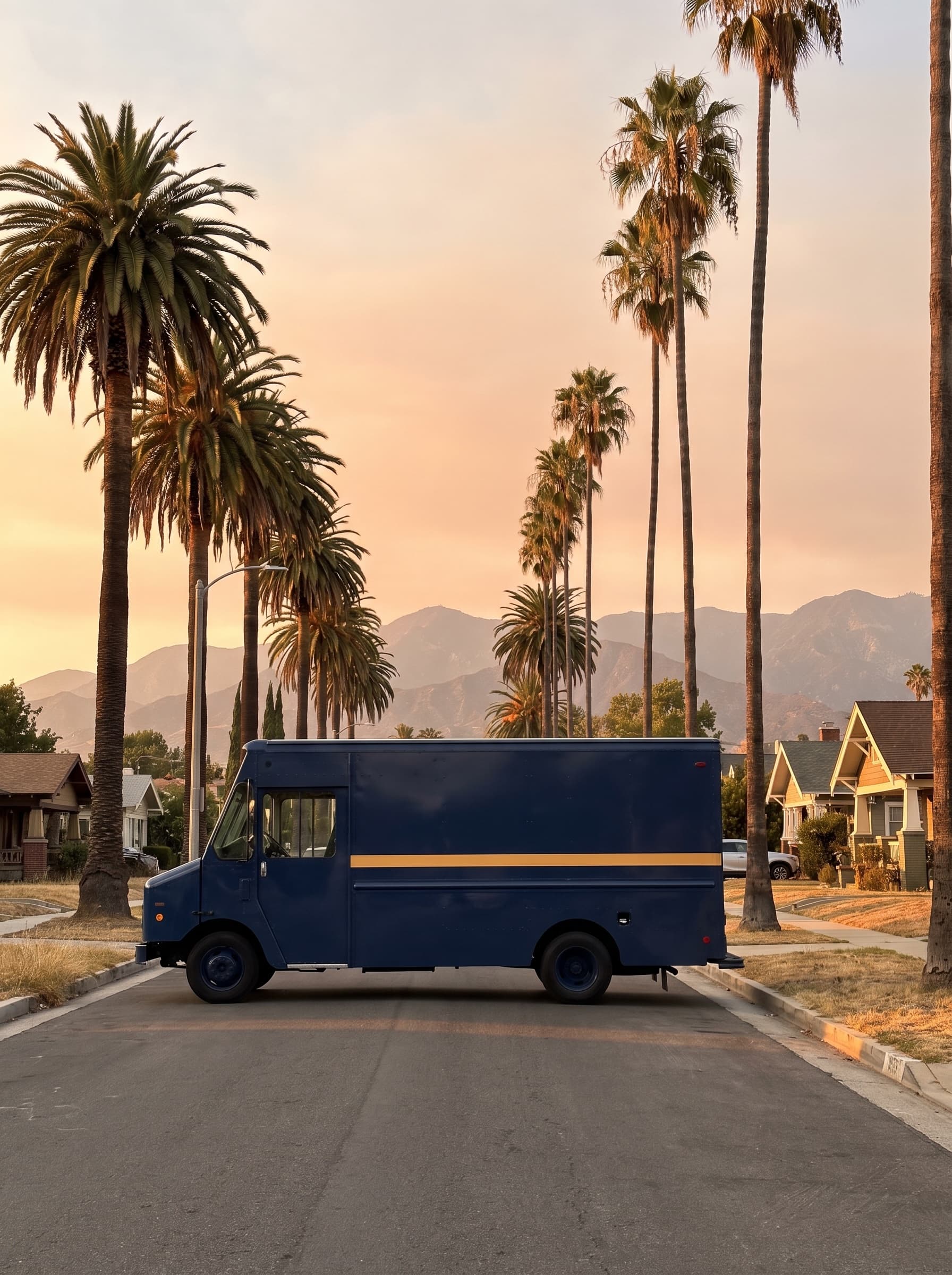 The Upland Movers truck parked on a palm-lined residential street